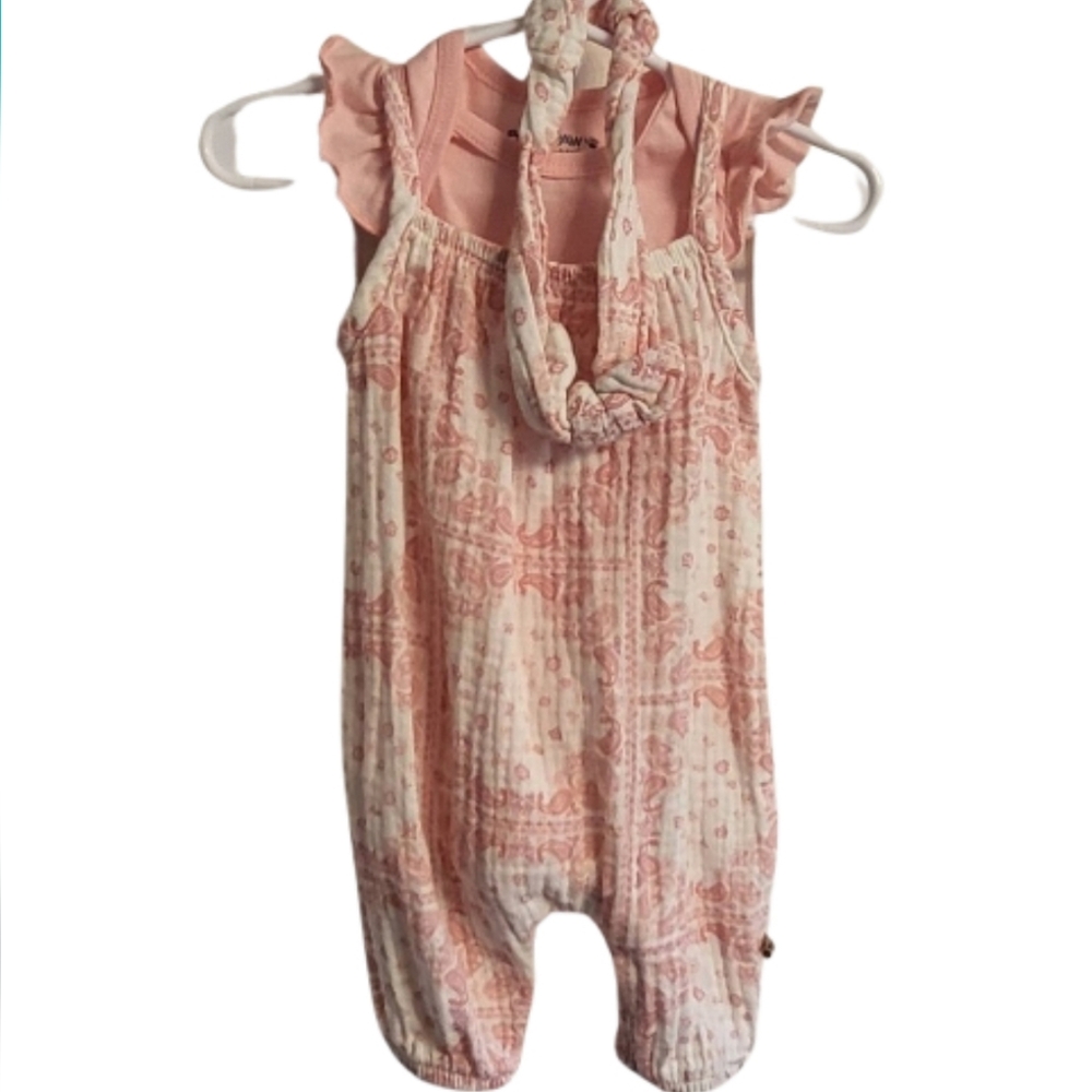 NWOT Bearpaw baby girl pink paisley 3 piece onesie romper bow head band 0-3 mont